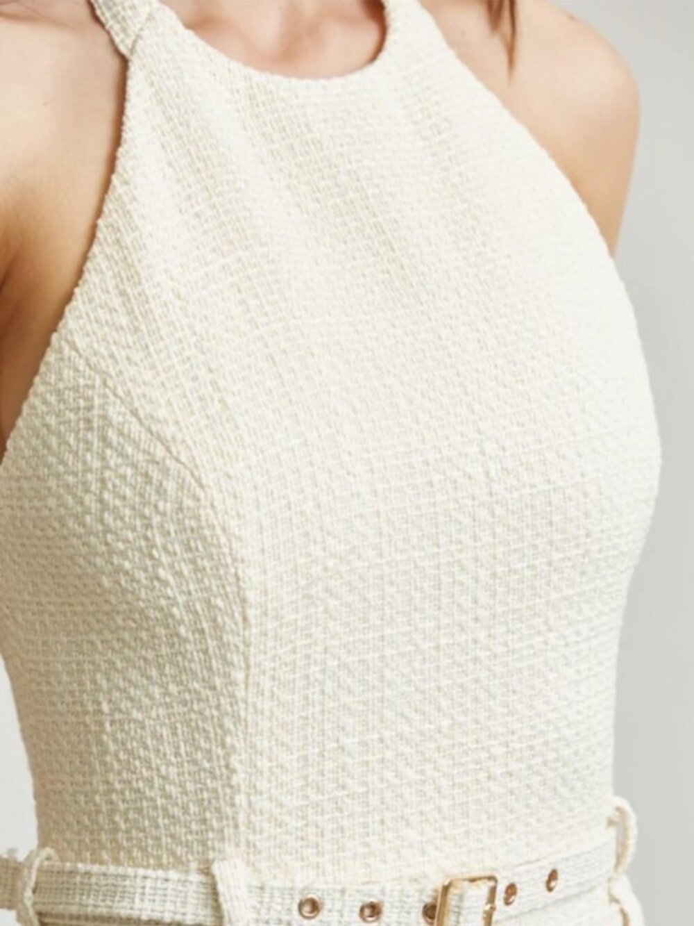 B03. Cream Luxe Halter Pleated Maxi Dress with Double Belt Detail - Picture 2 of 4